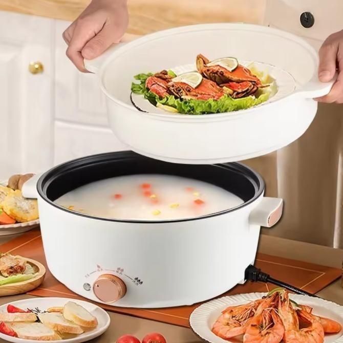 AJ PANCI LISTRIK JUMBO 3L BESAR SERBAGUNA MULTIFUNGSI + DENGAN KUKUSAN LOW WATT STEAMER PUTIH 24 CM