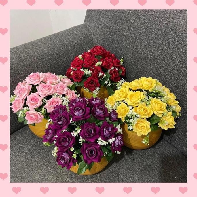 Bunga Mawar Bludru Dan Vas Gold Dekorasi Plastik Original Dan Terpercaya