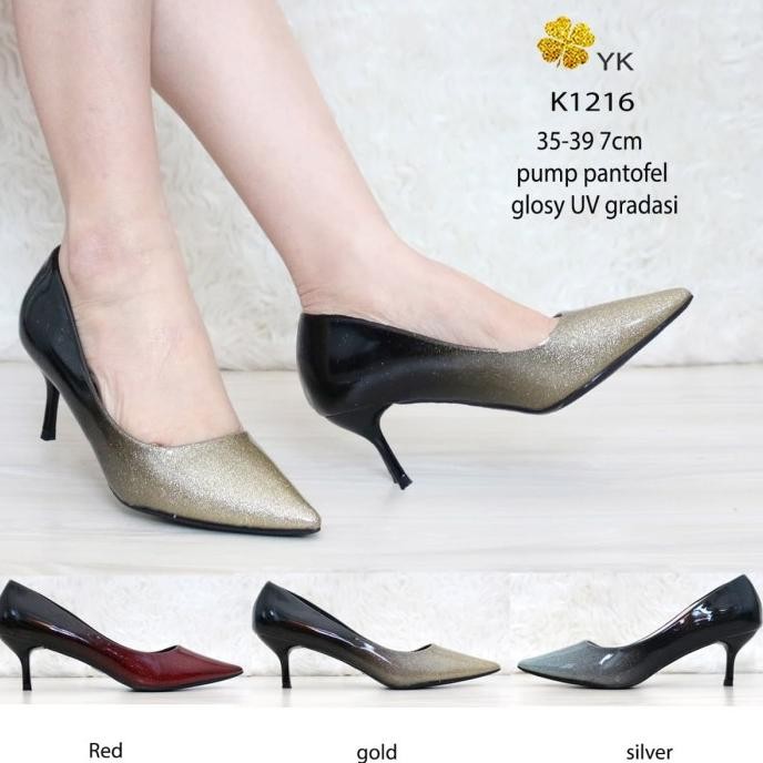 Promo Ykshoes 1216 pump heels 7cm shoes import gold silver merah bartier COD