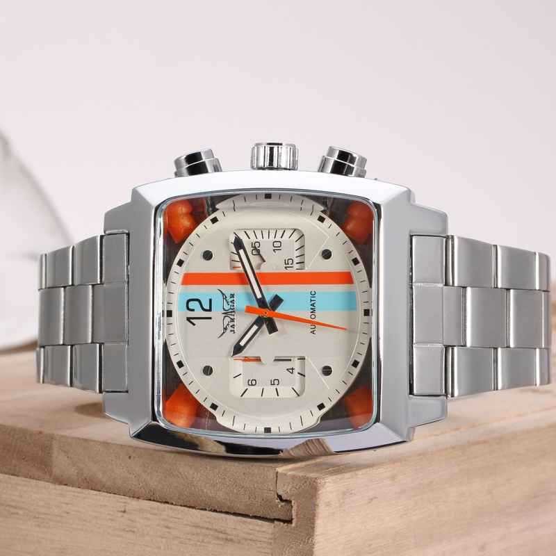JARAGAR 569 Fashion Men's Automatic Mechanical Watch Creative Retro Square Calendar Stainless Steel