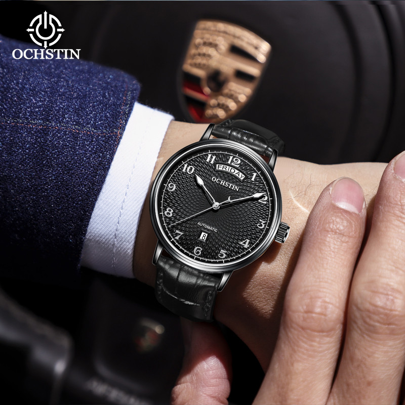 OCHSTIN Business Mens Watch New Automatic Wristwatch Auto Date Week Male Clock Leather Strap