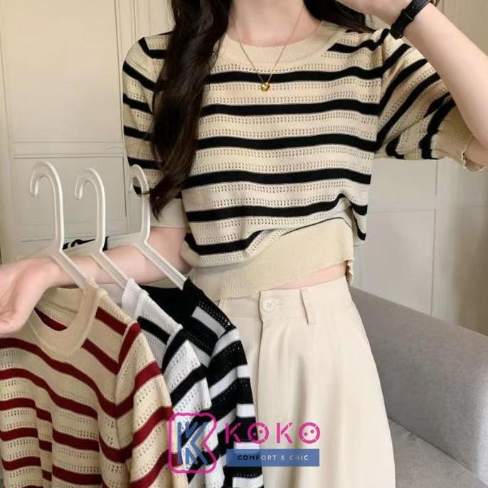 Produk Baru KOKO - Kaus Rajut Berongga Garis-Garis Lengan Pendek Wanita Panjang Knitwear Atasan Card