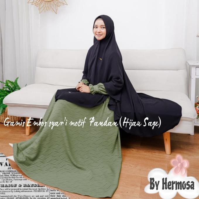 Gamis Sage Green Syari Wolfis Embos Motif Pandan-Gamis Hermosa Syari Terlaris