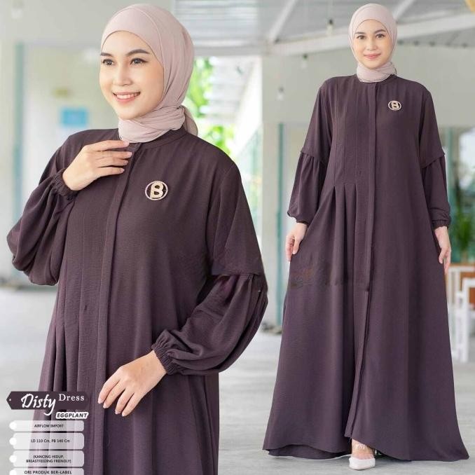 Disty Dress Gamis Wanita Muslim Motif polos Crinkle Airflow LD 110 Terbaru