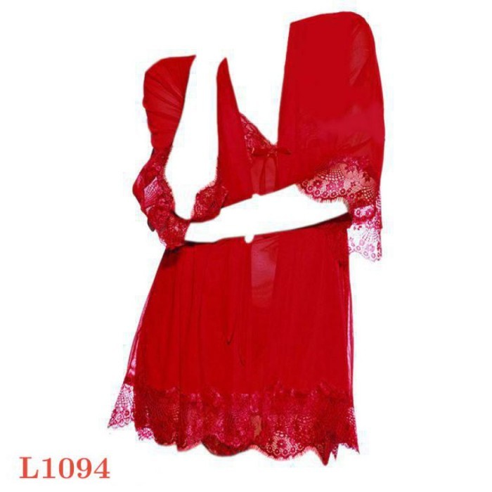 L1094 Baju Tidur Haram Sexy Robe Kimono Merah Transparan Lengan Pendek
