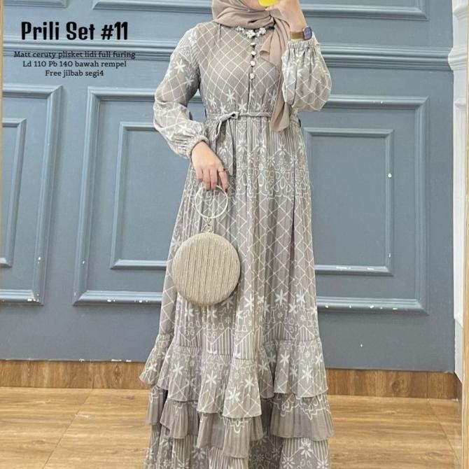 Baju Gamis Wanita Muslim Prili Set Jilbab Dress Ceruti Plisket Fashion Perempuan Dewasa Remaja Cewek