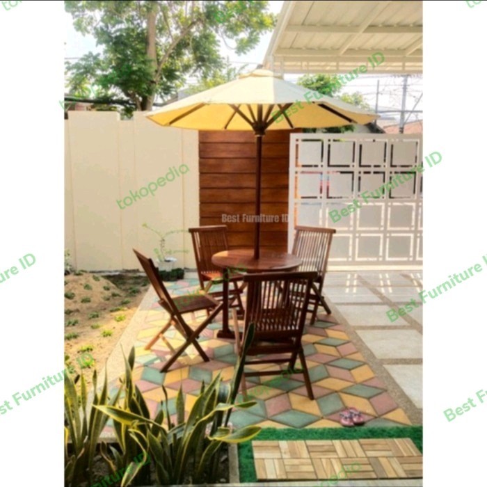 Meja Kursi Jati Payung Taman Minimalis Cafe Diameter 80 cm
