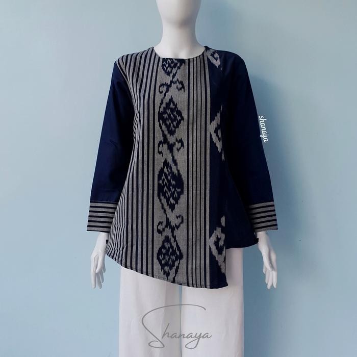 Shanaya Batik Blus Tenun Troso Kombi Toyobo Warna Navy Blouse Batik Kerja Cantik Seragam Atasan