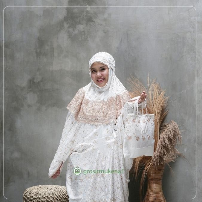 Spesial Mukena Dewasa Jumbo Terusan Sutra Jepang Prada Renda Coklat Lebar