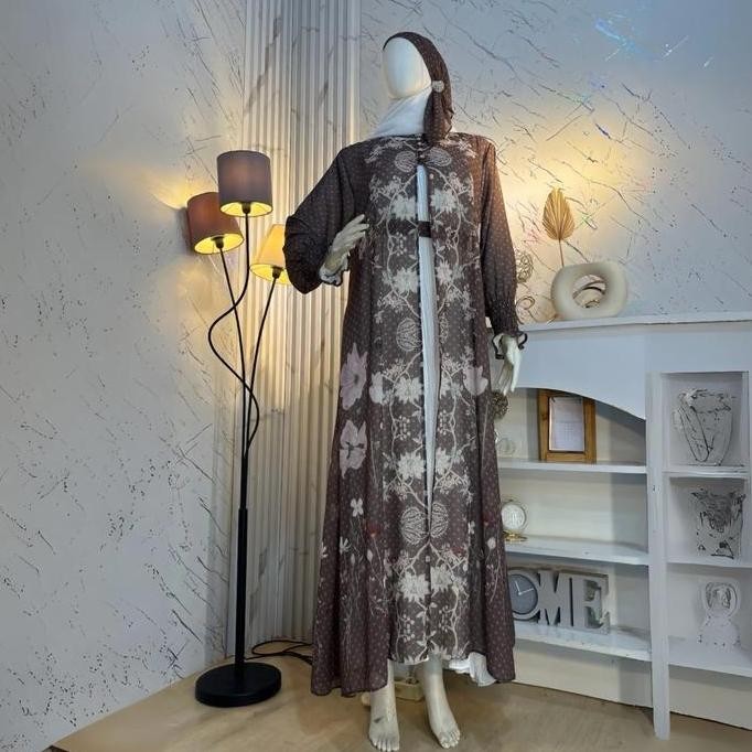 Adara Series Set Gamis Lebaran Inner + Outer + Jilbab + Ikat Pinggang - Motif Floral Bunga Mawar - C