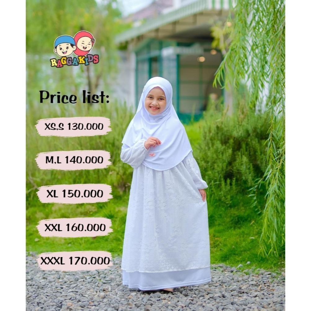 HK Gamis Putih anak usia 3 - 13 tahun | gamis brokat renda manasik haji | RG 52 V3 hitam Dan putih  