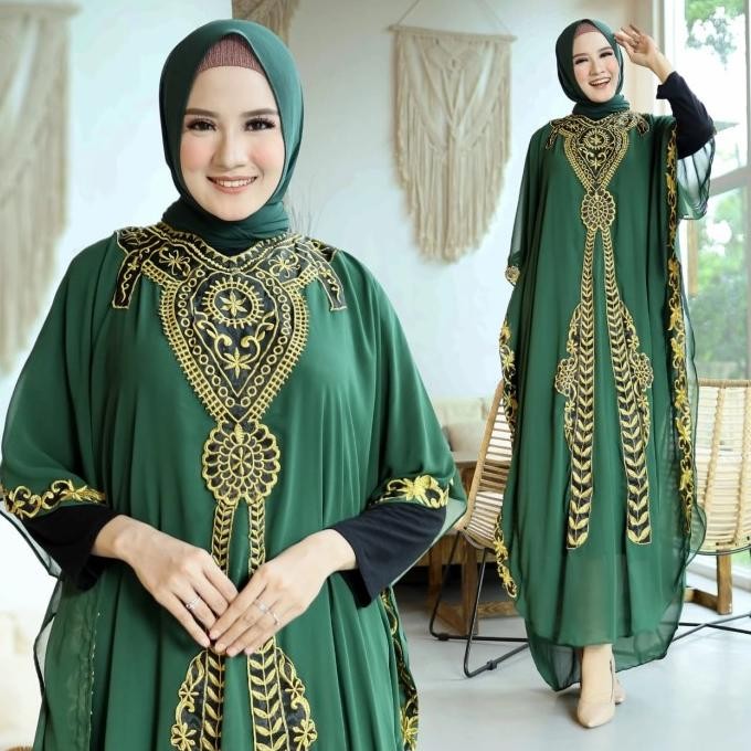 Kaftan Aisah Hijau Botol Baju Muslim Pesta Mewah Jumbo Murah Ait Ktf Best Seller