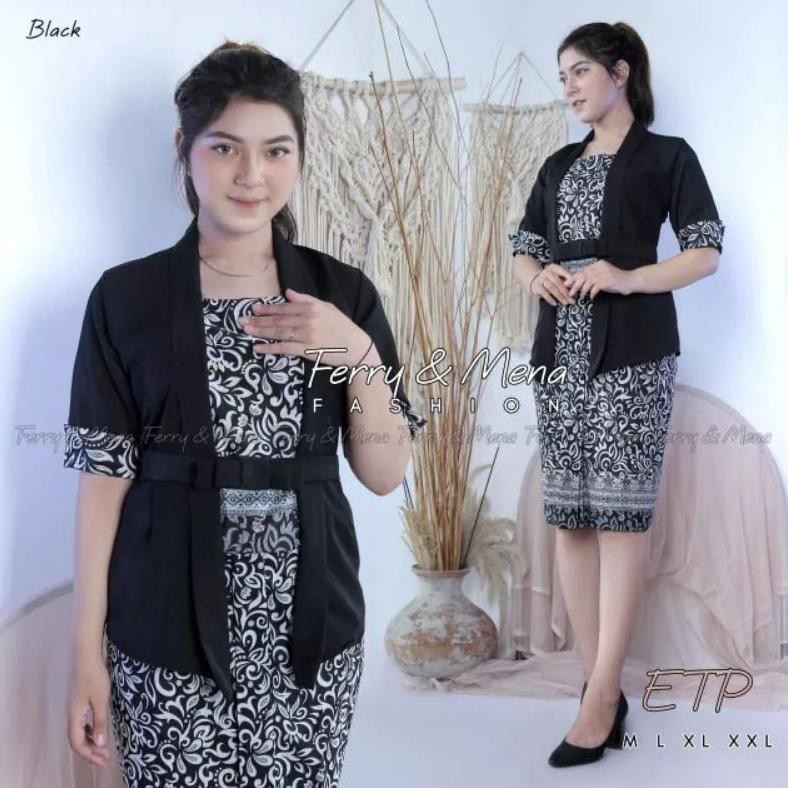 CR - Set Baju Kebaya Modern Batik Kutubaru Pendek Pita Etp Warna Maroon Pakaian Tradisional Untuk Wi