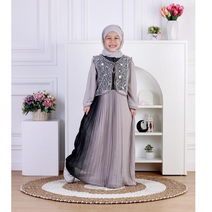Terbaru, Dungdungkids Gamis Anak Moreen Ceruty Babydoll Plisket Rompi Tile Bordir Free Pashmina3-12T