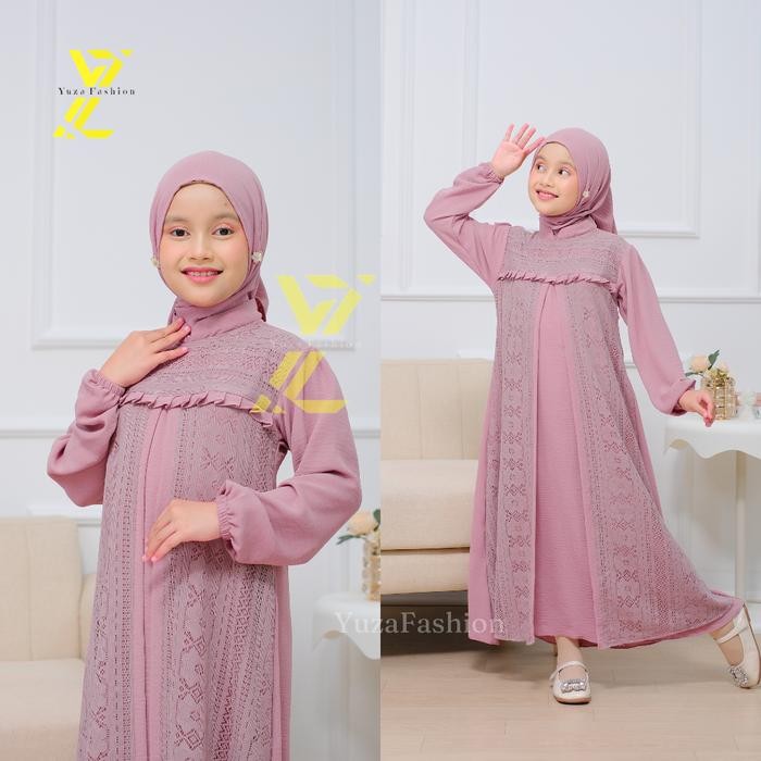 Gamis Anak Aleena Kids / Gamis Crinkle Airflow Mix Brukat Set Jilbab / Gamis Brokat Malika Mewah