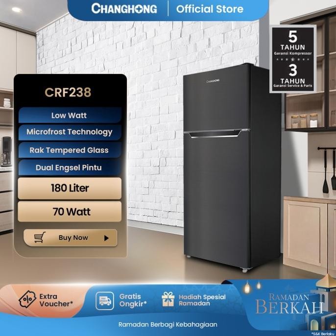 Murah Changhong  Kulkas 2 Pintu Refrigerator Kapasitas 180 Liter - Crf238 Black
