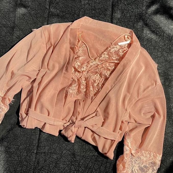 

[ Racun Lingerie ] Lingerie Kimono Dress Piyama Tidur Nightwear Deep Dress Renda Lace Lengan 3/4 Transparan Sifon Halus Best Quality Qcr Original