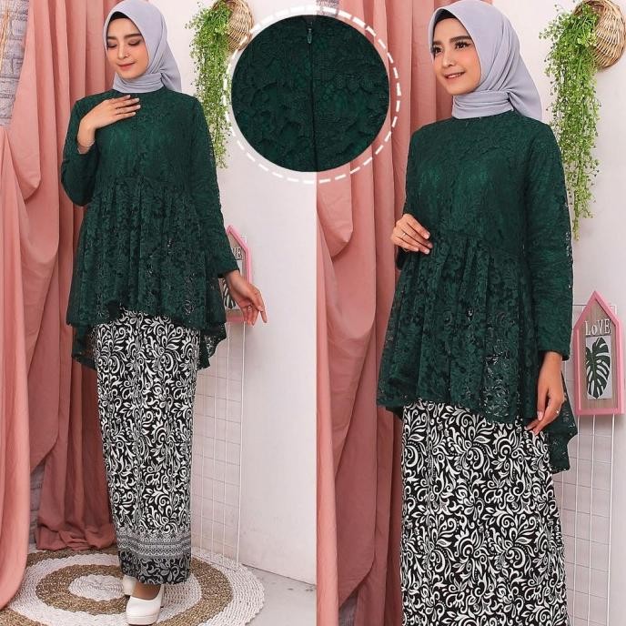 Terlaris New Set Kebaya Finary Brukat Rok Batik Wisuda Pesta Navy Biru Dongker Ready Stok
