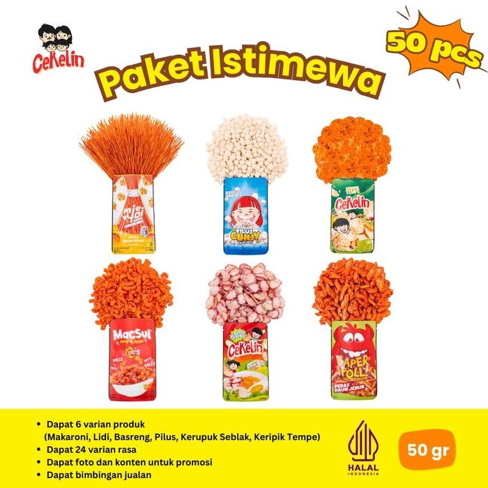 

CEKELIN Cemilan Paket Istimewa 50pcs Makaroni Mie Lidi Pilus Kerupuk Seblak Basreng Keripik Tempe