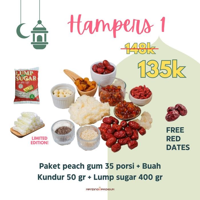 

Mending Peach Gum - [READY INSTANT] Hampers Puasa 1 (Peach Gum 35 Porsi + Buah Kundur 50gr + Lump
