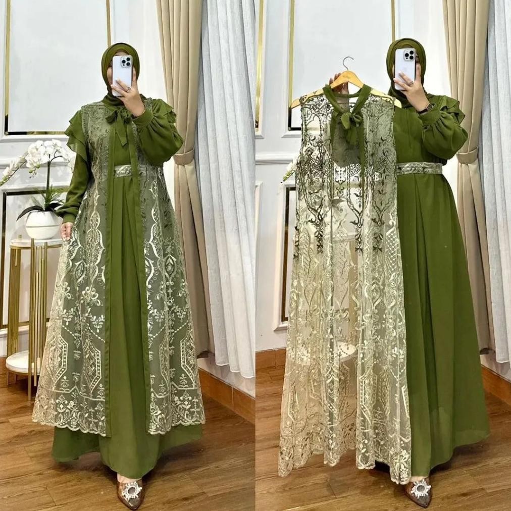 VIRAL KAILA Dress Set + Outer Terlaris 2024 Gamis Kondangan Wanita Kekinian Gamis Pesta Mewah Elegan