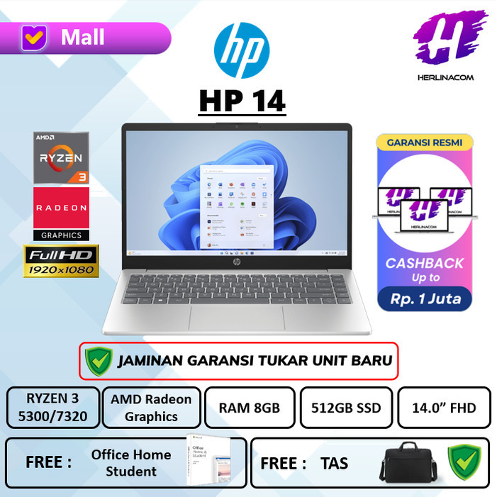 Hp 14 Amd Ryzen 3 5300U Ram 16Gb 512Gb Ssd Win 11 + Office Ori Full Hd