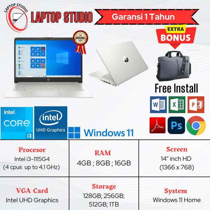 Laptop Baru Hp 14 Intel Core I3 1115G4 (Gen 11) Ram 16Gb Ssd 512Gb