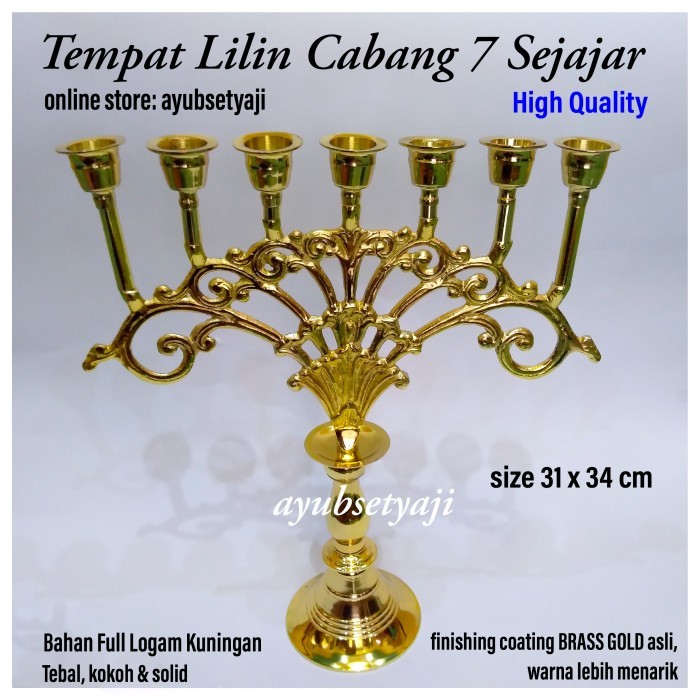 My Tempat Lilin Cabang 7 Sejajar Full Kuningan Solid Kaki Dian Brass Gold