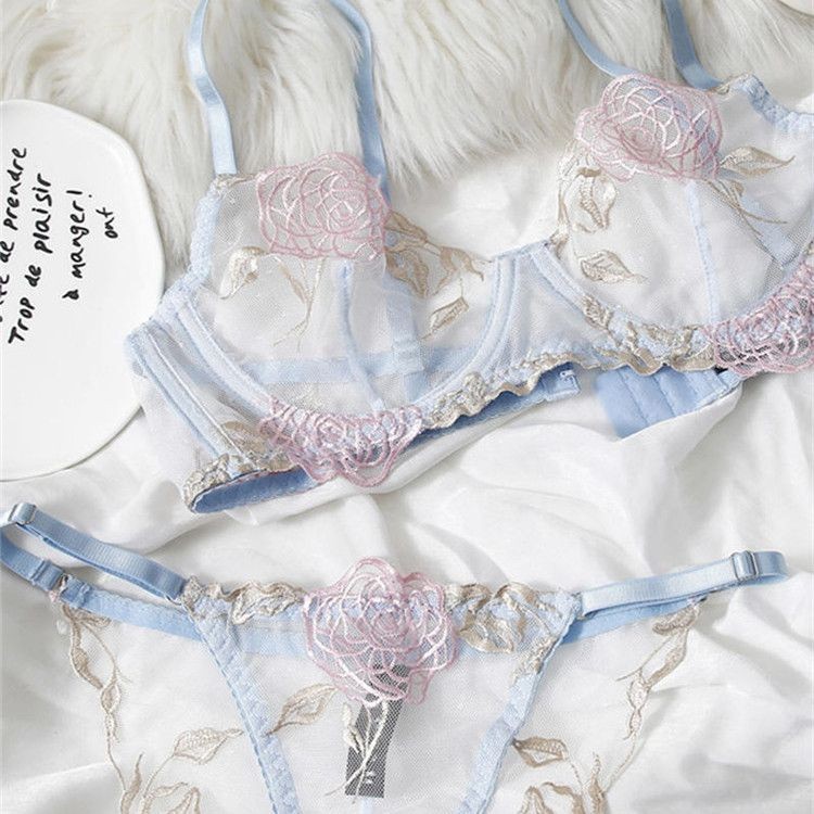 Set Bra Bordir Jala Ultra-tipis Transparan Push-up Pengecil Dada Besar Bra dengan Kawat