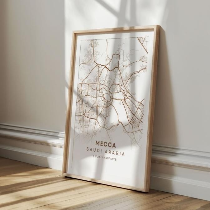 

MECCA & MEDINA CITY MAP POSTER - HIASAN DINDING PETA MEKAH DAN MADINAH WALL ART MINIMALIS - WARNA HITAM & COKELAT STOK TERBATAS