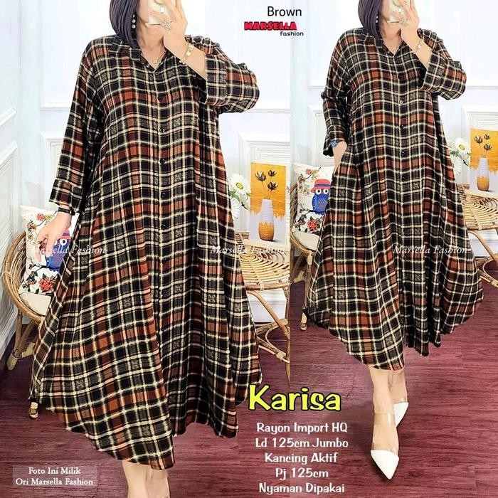 New Karisa By Marsella Long Tunik Rayon Import Hq Motif Kotak-Kotak Cantik Adem Jumbo Big Size Best