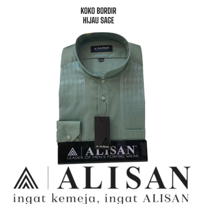 Kemeja Alisan Koko Bordir Hijau Sage Lengan Panjang