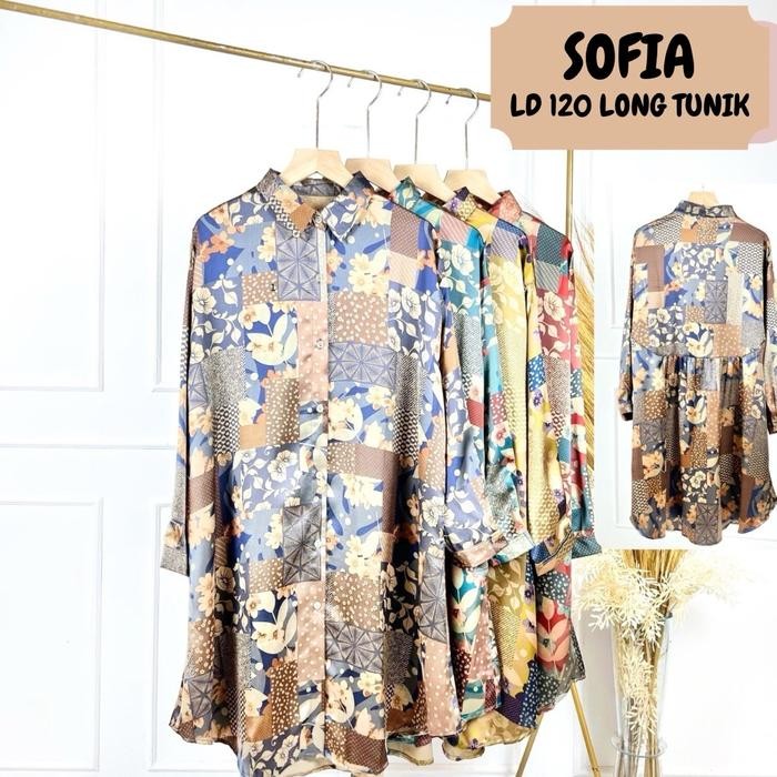 Sofia Atasan Long Tunik Silk Wanita Muslim Terbaru Motif Bunga- Sofia Ld 120