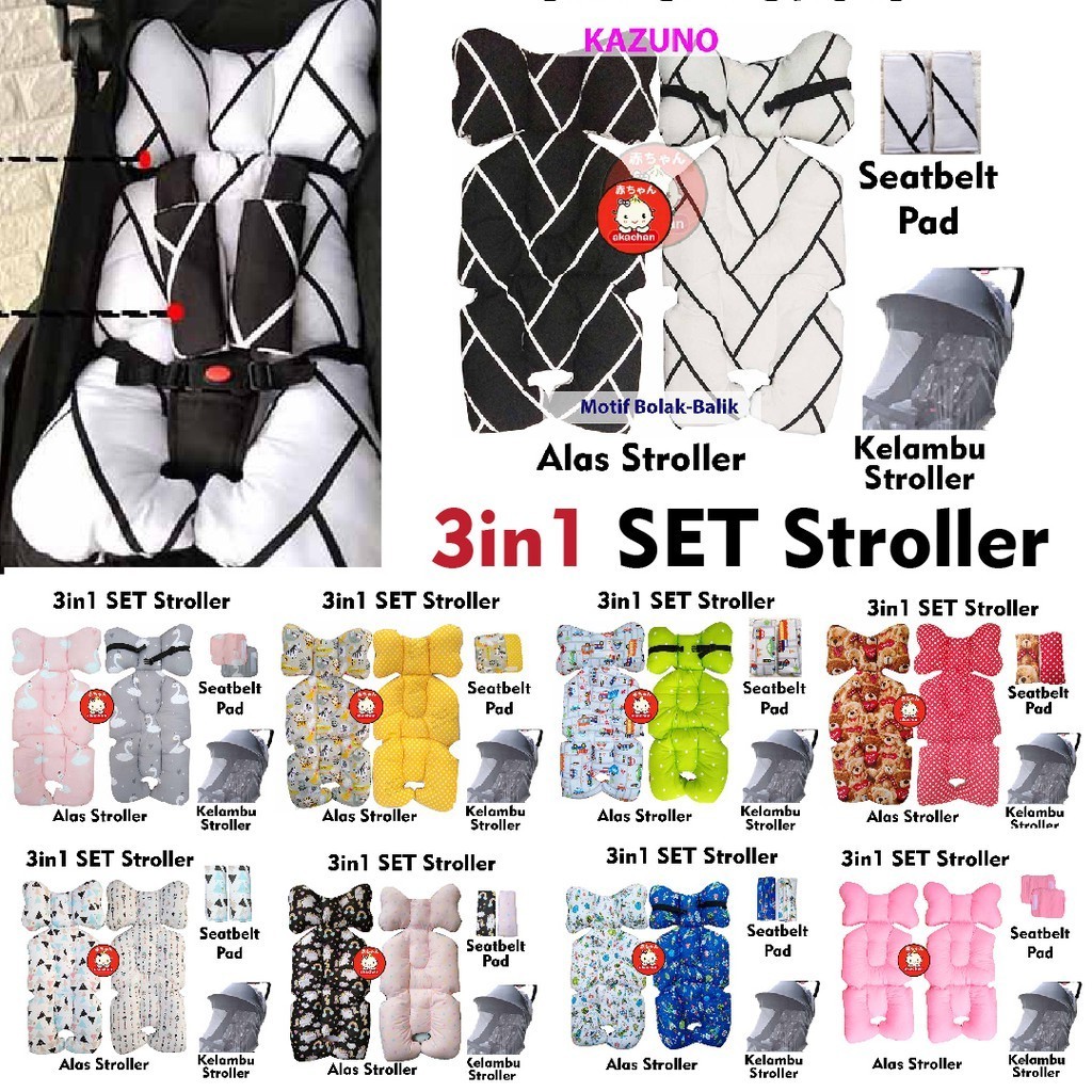 3 in 1 SET Stroller Pad + Seat Belt Pad + Kelambu Stroller Akachan kereta dorong seatpad borny liner