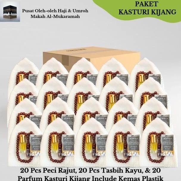 Terjangkau 10 Paket Oleh Haji & Umroh Peci Rajut + Parfum Kasturi Kijang+ Tasbih + Kartu Ucapan, Unt