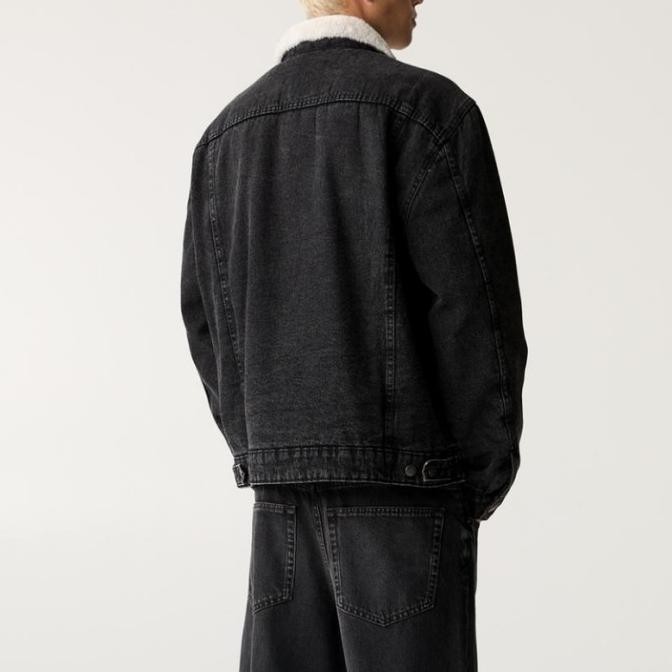 Murah Jaket Denim Pull And Bear Kerah Bulu Pria Hitam Original