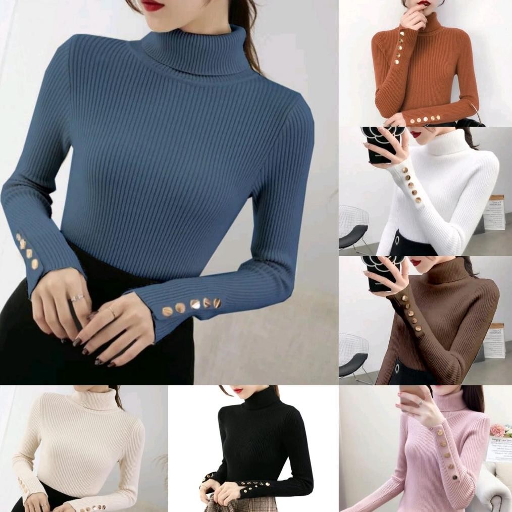 Baju Rajut Button Turtle Neck Knit Premium / Inner Inara / Atasan Korean Style / Atasan Kancing Emas