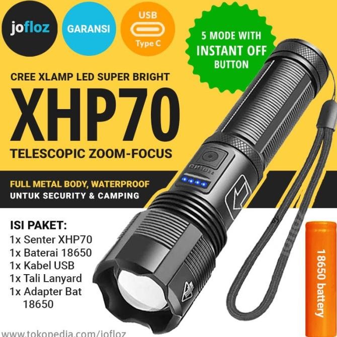 Senter Led Xhp70 Zoom +Baterai 18650 Usb Recharge - Xhp 70 P7 Original Dan Terpercaya
