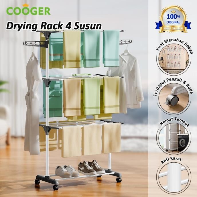 COOGER Rak Jemuran Baju Stainless Steel Rak Jemuran Handuk 4 Susun