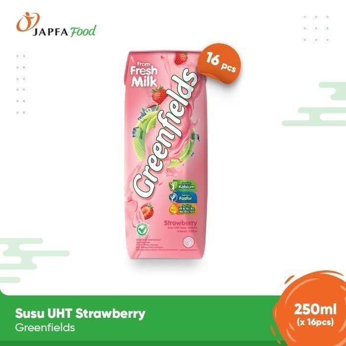 

Greenfields Susu UHT Strawberry 250 ml - isi 16 pcs - 100% Fresh Milk dari Greenfields Farm