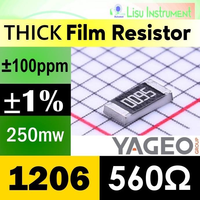Diskon (25) 560 1206 1% 250mW Thick Film Resistor SMD 200V 100ppm/C 560R 5600 RC1206FR-07560RL YAGEO