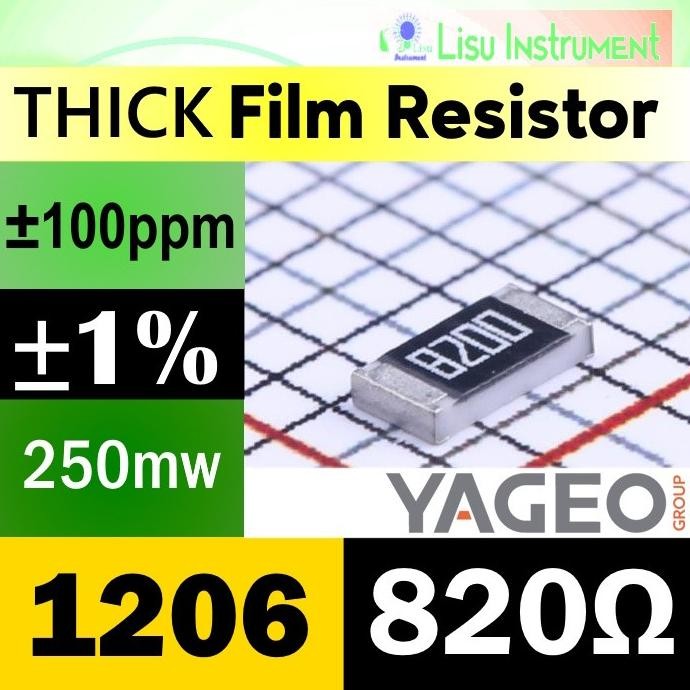 Murah (25) 820 1206 1% 250mW Thick Film Resistor SMD 200V 100ppm/C 820R 8200 RC1206FR-07820RL YAGEO 