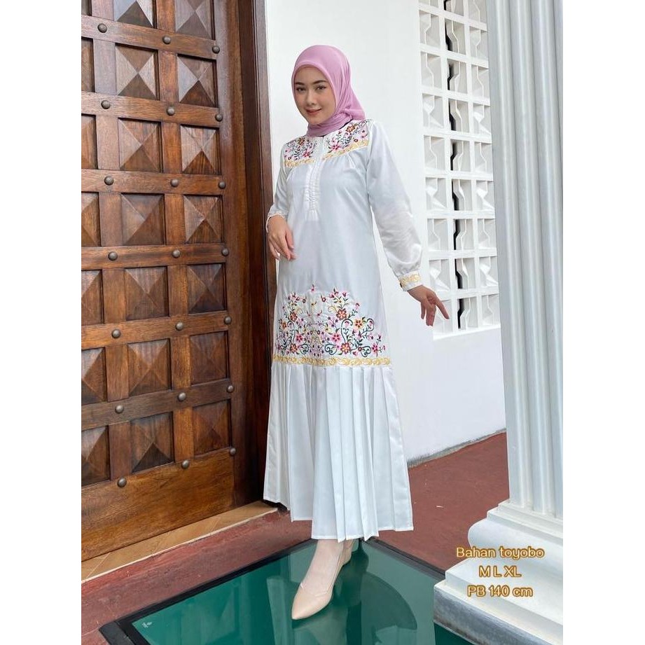 Gamis bordir bunga rempel depan terlaris bahan katun toyobo  Wanita Baju Dress Dewasa Muslim Wanita 