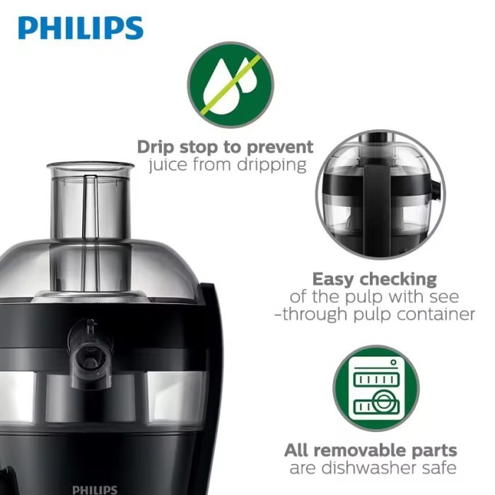 Philips HR1832/00 Juicer Hitam 1.5L, Ekstraksi Jus Tinggi & Pembersihan Cepat dalam 1 Menit