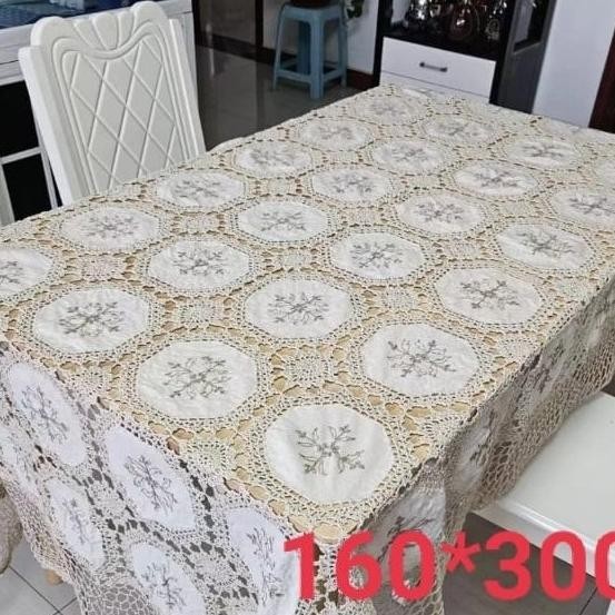taplak meja makan kain katun rajut sulam pita kursi10-12 persegi