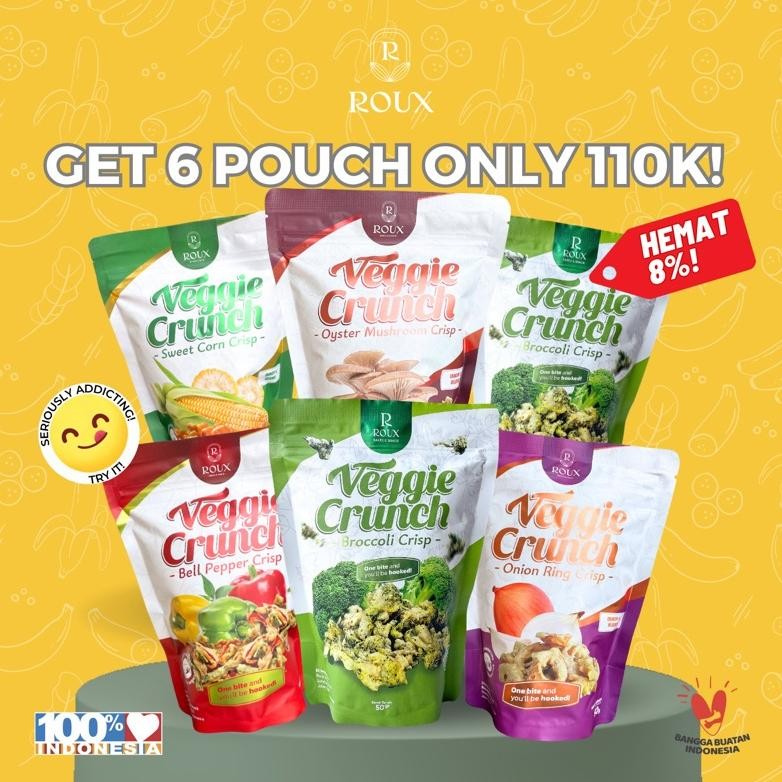 

ROUX VEGGIE CRUNCH Keripik Sayur Brokoli Paprika Jagung Manis Bawang Bombay Onion Jamur Tiram 50g Enak Sehat Gurih Nagih Pouch