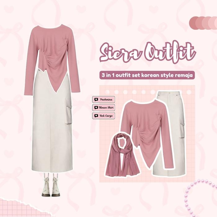 Set Seira - Set Ootd Wanita Kekinian Blouse Kerut, Celana Kulot, Pashmina Ceruty Set Ootd Rok Hijab