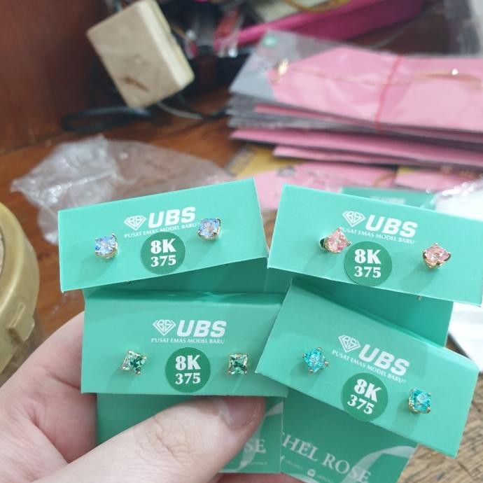 Giwang anting tusuk ubs rachel rose ungu biru hijau emas asli 8k 375