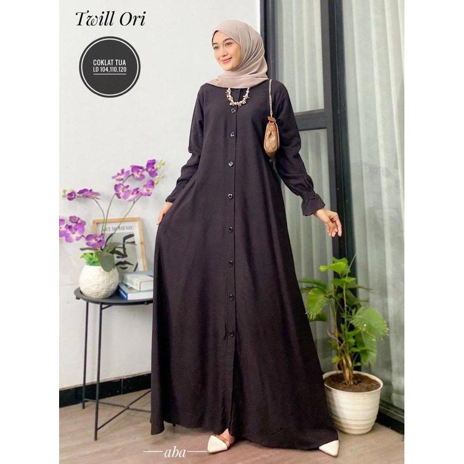 Gamis Polos Twil Ori Dress Panjang Busui Tali Samping Muslim Twill Kancing Cantik Karet Wudhu Kain L