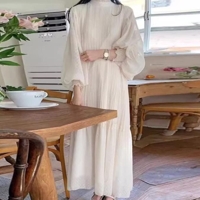SU longdress korea bigsize fairy putih polos lengan balon gamis lebaran wanita mewah resepsi ld120 l